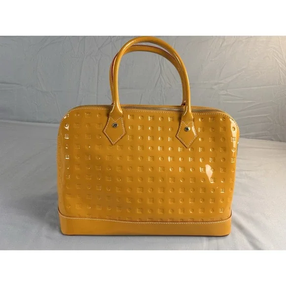Arcadia Italy Patent Leather Satchel Mustard Yellow Embossed Handbag - Picture 1 of 13